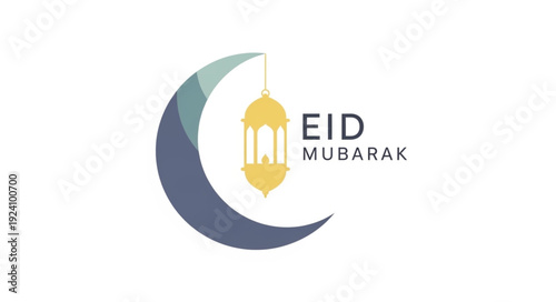Eid Mubarak crescent moon and lantern graphic.