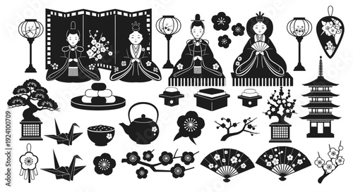 Traditional japanese hina doll display with ornaments and decorations