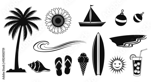 Collection of tropical beach elements with palm trees and ocean