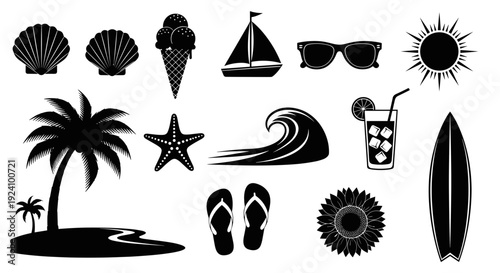 Collection of black silhouette summer vacation icons and symbols