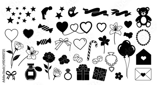 Collection of romantic and lovethemed icons and symbols