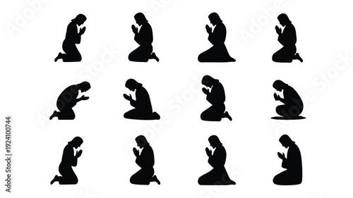 Woman kneeling in prayer silhouette set various poses black on white background spiritual illustration collection