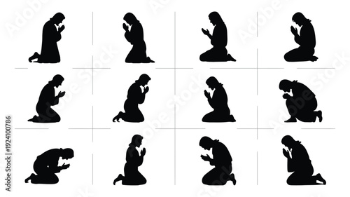 Collection of silhouetted figures kneeling in prayer various postures black on white background spiritual contemplation and reverence