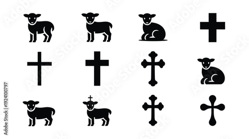 Collection of black sheep and cross symbols in various poses on white background minimalist design faith and spirituality icons