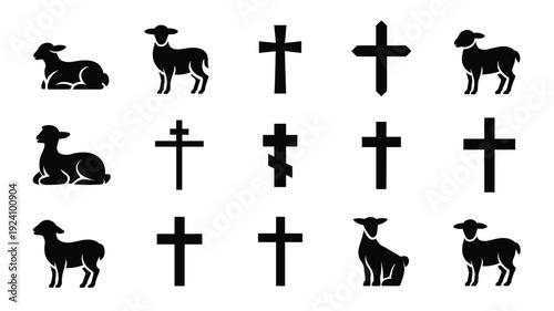 Black sheep silhouettes and christian crosses arranged in grid pattern on white background symbolizing faith and spirituality
