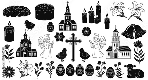Collection of various religious symbols and icons in black and white