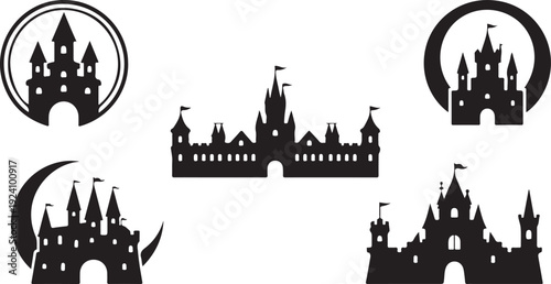 Five distinct fantasy castle silhouettes including designs with circles and a crescent moon