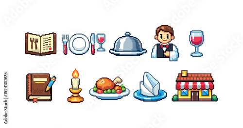 Restaurant, dining pixel icon set. Hospitality, food service outline collection
