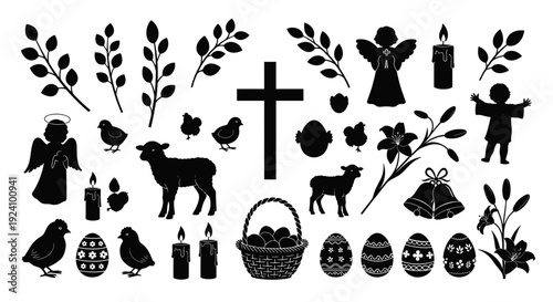 Silhouette of various easter symbols and decorations