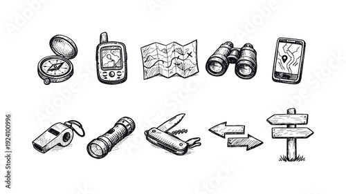 Adventure and navigation icon set. Outdoor, exploration, travel line icons