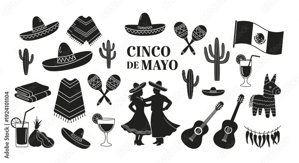 Naklejka premium Collection of traditional mexican fiesta icons and symbols