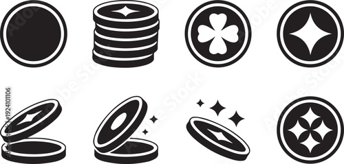 Multiple black and white coin icons featuring different patterns such as clovers, stars, and sparkling effects