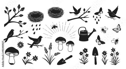 Collection of black silhouette garden elements and nature icons