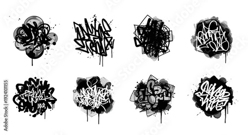 Collection of black and white graffiti tags and street art styles