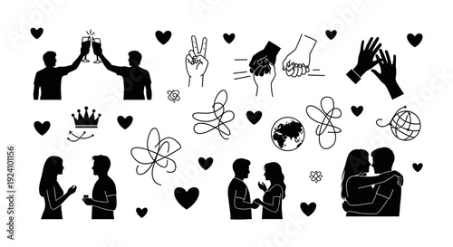 Collection of black silhouette illustrations of love and relationships