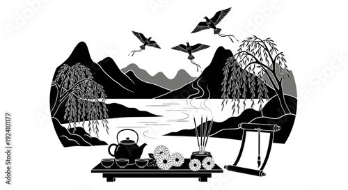 Silhouette of a peaceful lakeside scene with mountains and trees