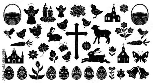 Collection of black silhouette easter symbols and festive icons