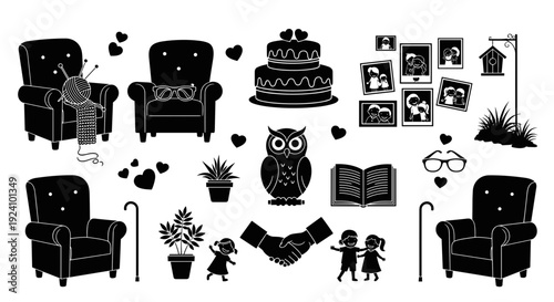 Collection of black silhouette illustrations including furniture and animals