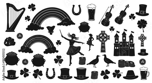 Collection of whimsical and magical objects and symbols in black
