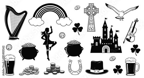 Collection of st patricks day symbols and festive icons in black