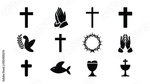 Collection of christian symbols and icons including crosses praying hands dove and chalice on white background