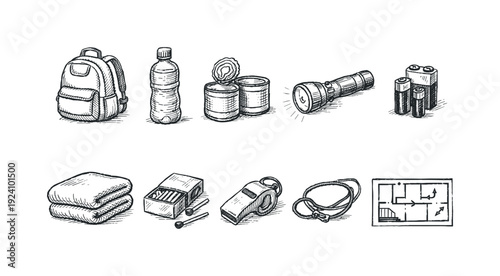 Emergency preparedness icon set: essential items in classic outline style