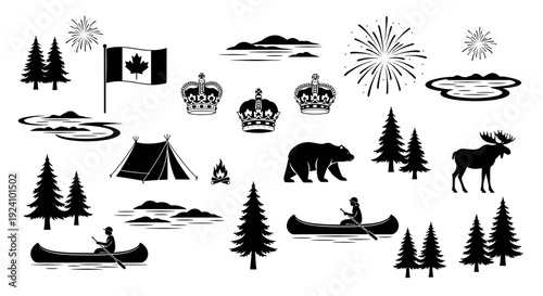 Collection of outdoor camping and nature scenes with animals and trees