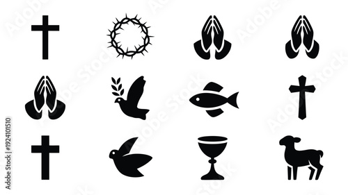 Collection of christian symbols including crosses praying hands doves and sacramental elements on a white background representing faith and spirituality