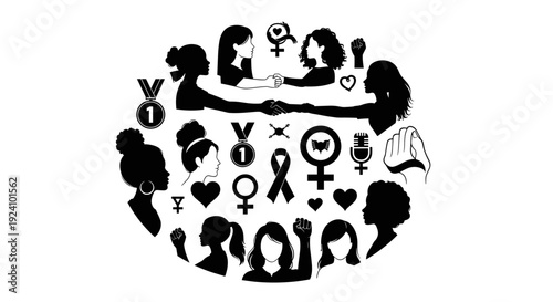 Collection of diverse female symbols and silhouettes in black