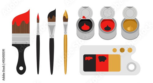 Art supplies paintbrushes, color palette, and paint cans for artistic creation