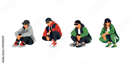 modern sporty friends in athletic outfits crouch design