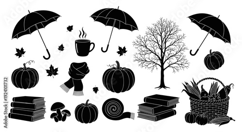 Silhouette of autumn pumpkins leaves and trees