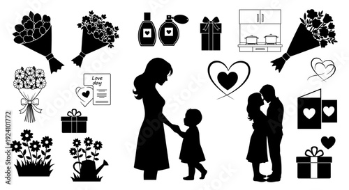 Silhouette of family with children and love symbols