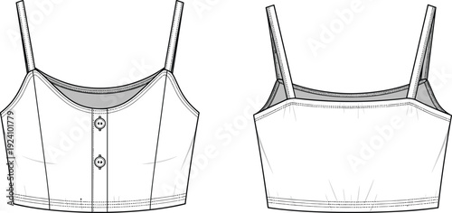WebFashion technical sketch of women's button front cropped camisole, front and back view vector illustration for apparel design and production