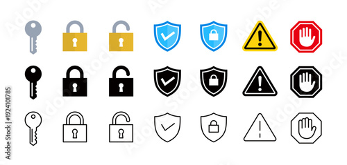 Cybersecurity and warning sign related icon set, security, key and padlock icons