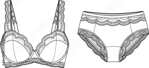 WebLace lingerie set vector technical sketch, elegant bra and panty illustration, feminine underwear flat drawing, intimate apparel fashion design
