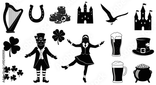 Collection of st patricks day symbols including shamrocks and leprechauns