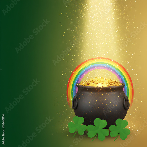 Black pot full of gold coins and shamrock leaves for st. patrick's day. Serene Green Abstract Nature Design