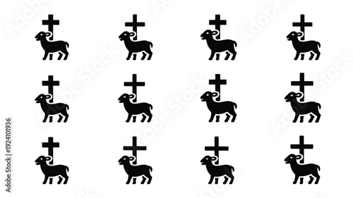 Black lamb and cross symbols arranged in a 3x4 grid pattern on a white background simple and elegant design symbolic representation