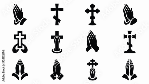 Collection of black praying hands and cross symbols on white background faith and spirituality icons religious graphic elements for design