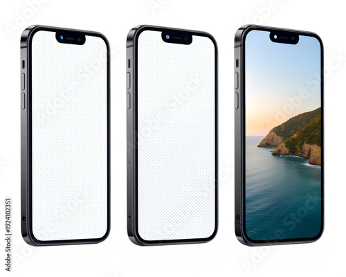 iPhone 14 Pro Mockup Blank Screen Black Frame Ocean Sunset Wallpaper PSD