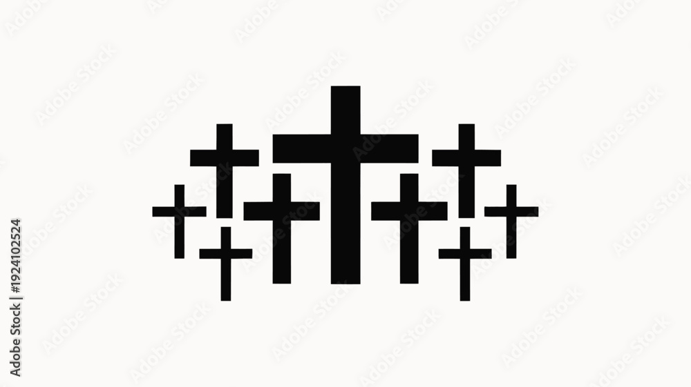 Obraz premium Group of black crosses arranged in a circular pattern around a central large cross on a white background symbolizing faith unity and spirituality in a minimalist design