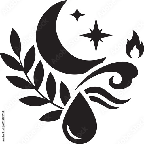 A serene black logo featuring a crescent moon and leaves on a white background.
