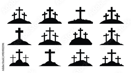 Collection of black silhouette grave crosses on mounds against white background various configurations and sizes symbolizing memorial and remembrance
