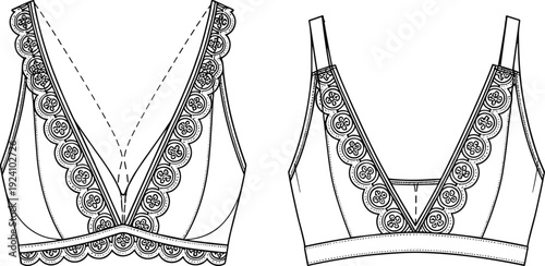 WebTechnical vector illustration of a women's lace bralette lingerie set with scalloped edges, deep V-neckline, and floral embroidery details.