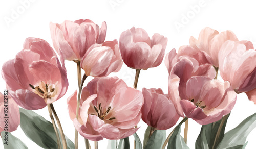 Pink tulip blooms painted in soft watercolor, delicate petals and green leaves evoke springtime charm, romantic garden beauty ideal for cards, invitations, and decor