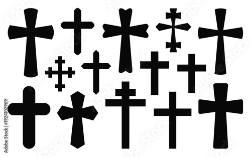 Collection of various black cross symbols in different styles and sizes on white background representing faith spirituality and religious diversity