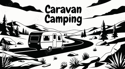 travel camping scene showing a caravan parked on an open road landscape representing road trip lifestyle freedom and mobile living experience
