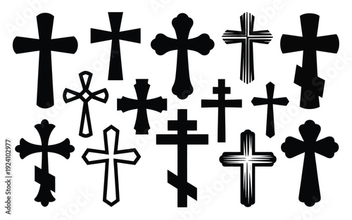 Collection of various black christian cross symbols on white background different styles and designs faith and spirituality icons