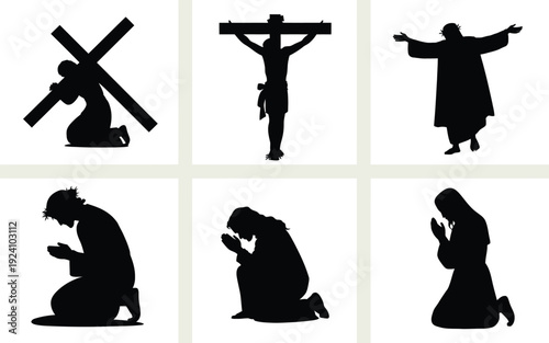 Collection of black silhouettes depicting jesus christ in various moments of prayer and crucifixion against a white background